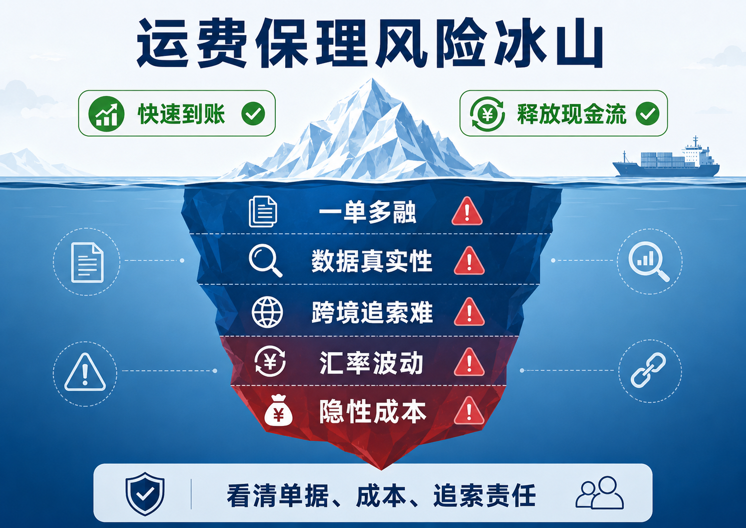 风险冰山图:水面上是快速到账、释放现金流;水面下是重复融资、数据真实性、跨境追索、汇率波动、隐性成本。